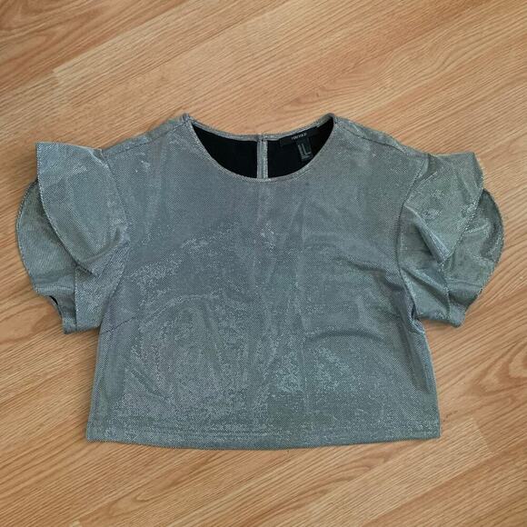 Metallic Silver Holiday Party Mesh Cropped Top Flutter Ruffle Sleeve Size M - Picture 2 of 7